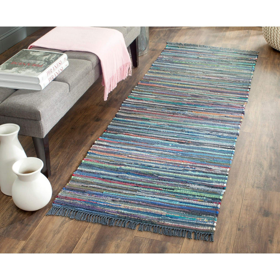 Rag Rug Runner with Tassels Ink Blue Multicolor Rags Weave Floor Mat Hallway 2'3" x 5' - Ink/Multi