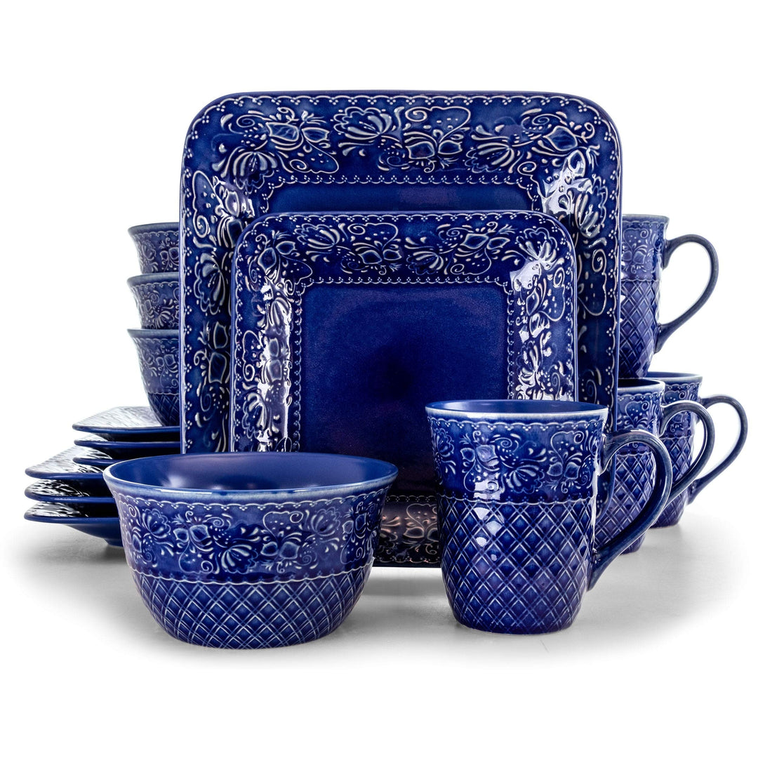 Indigo Lotus 16 Piece Square Stoneware Dinnerware Set Blue Floral Casual