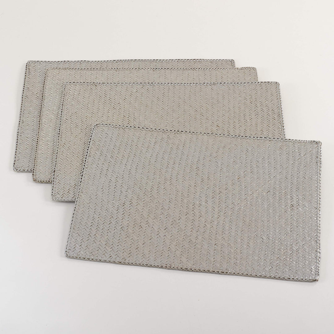 4 Piece Set Silver Grey Woven Rattan Placemats Wooden Hardboard Texture