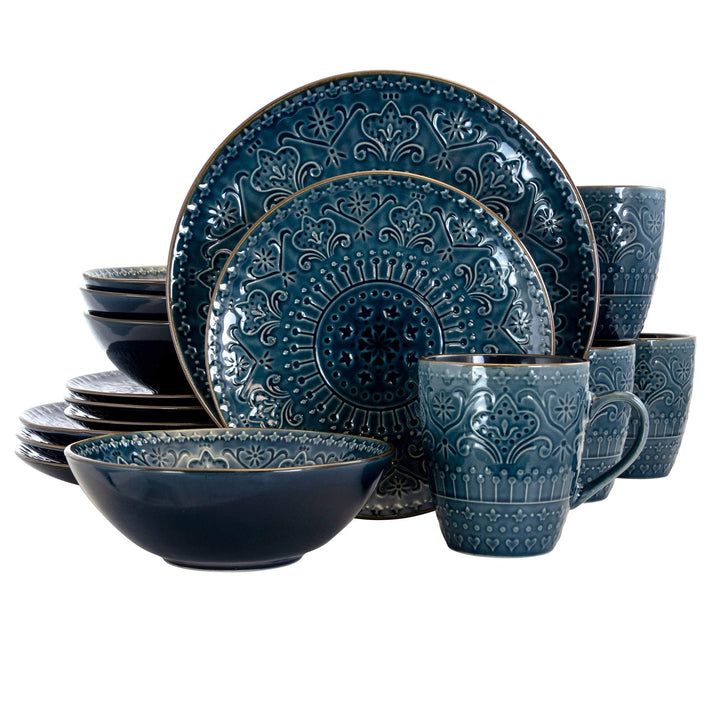 Deep Ocean Mandala 16 Piece Round Stoneware Dinnerware Set Blue Textured