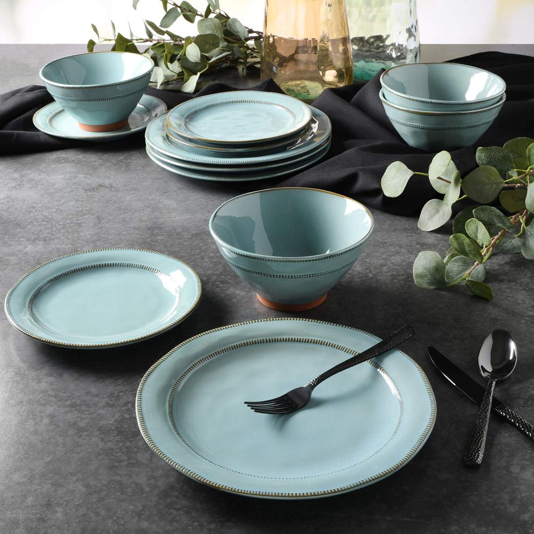 Gibson Elite Terranea Round Reactive Glaze Terra Cotta Dinnerware Set Service Teal