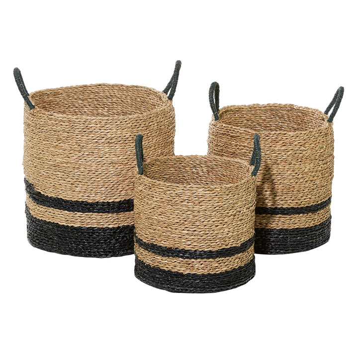 Woven Striped Round Seagrass Baskets With Handles Set Of 3 15" 17" 18" 16 X