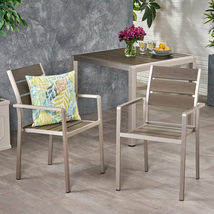 GDFStudio Outdoor Modern Aluminum Dining Chair with Faux Wood Seat (Set of 2) Gray+Silver