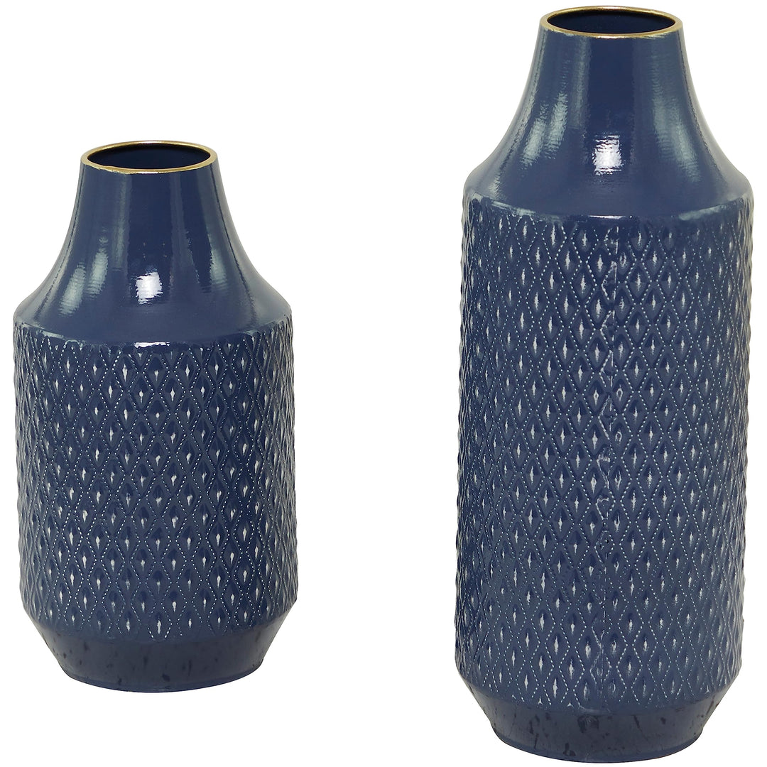 Blue Metal Diamond Embossed Exterior Vase 6.20w X 6.15l 15.65h Modern