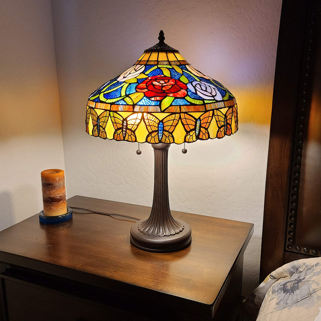 Tiffany Style Table Lamp Banker 23" Tall Stained Glass Red Green Tan Floral