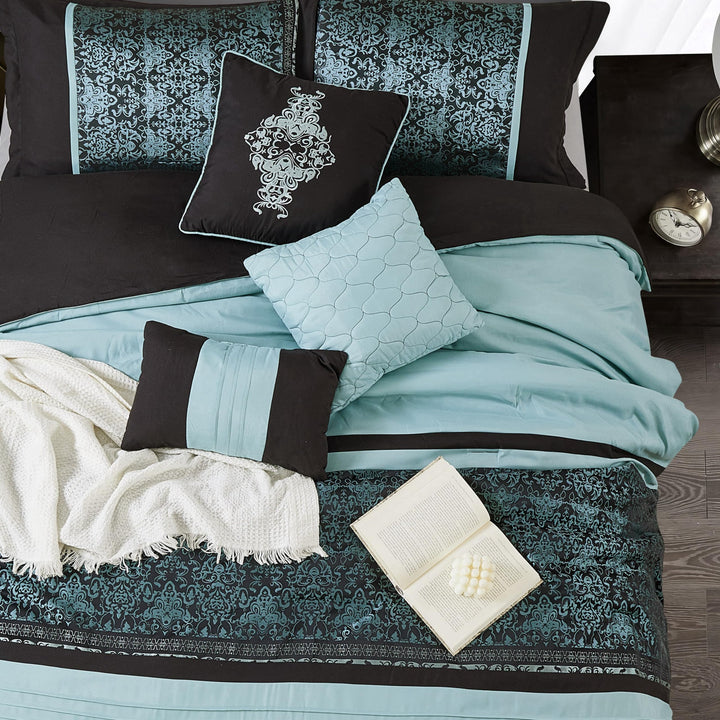 Grand Avenue Damask 7 Piece Comforter Set Aqua/Black