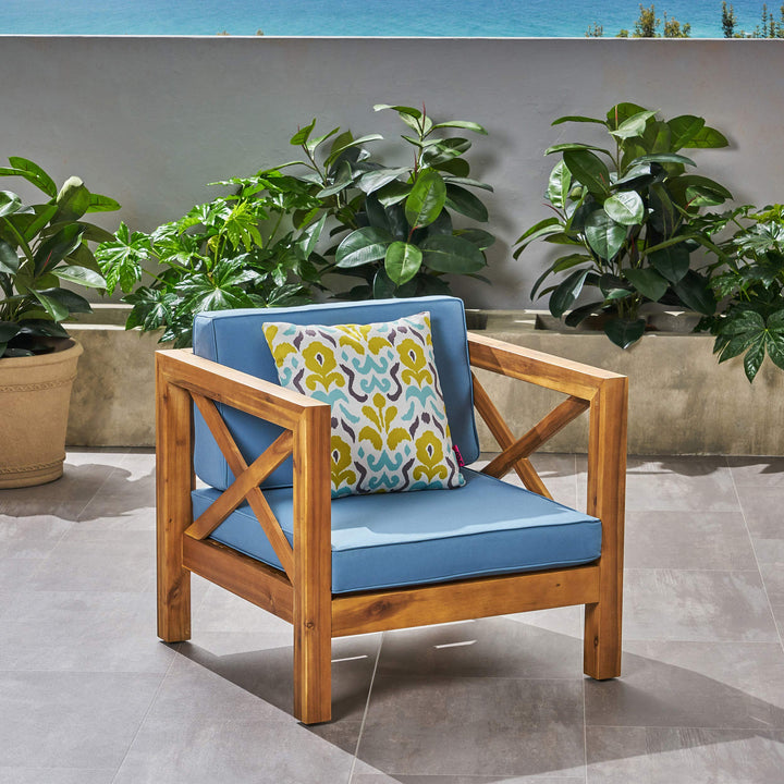 GDFStudio Outdoor Acacia Wood Club Chair with Cushion Teak Finish and Blue