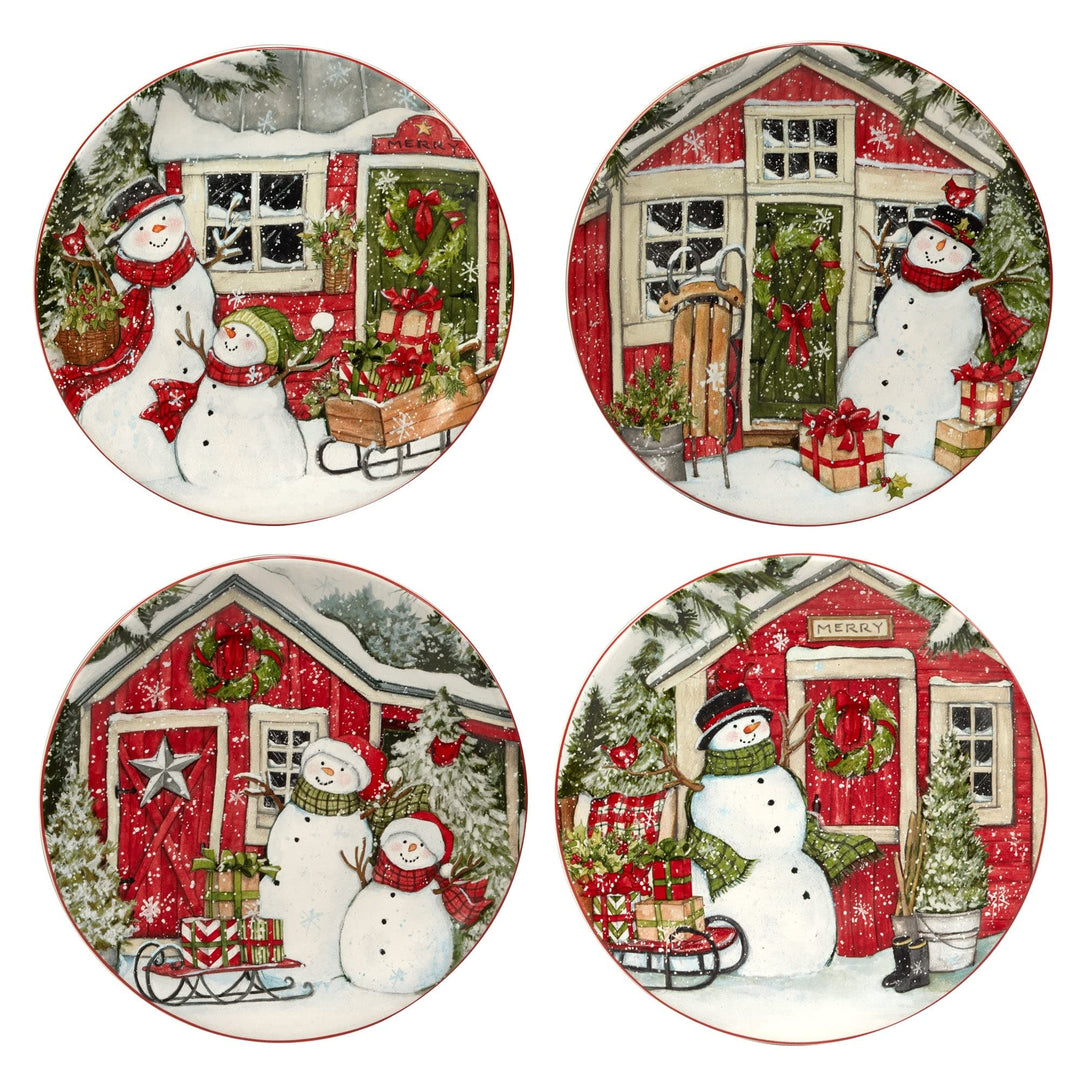 Snowman's Farmhouse 16 Pc. Dinnerware Set Service For 4 Multi Color Red White