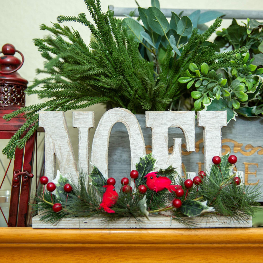 Flora Bunda 12 inch Noel Wood Sign w Cardinal Berries Christmas Home Décor