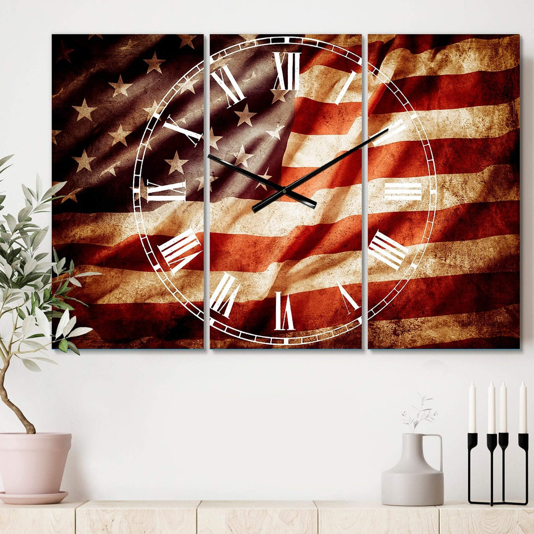 Design Art Designart 'American Flag' Cottage 3 Panels Oversized Wall Clock -