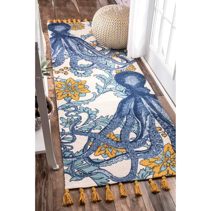 Handmade Cotton Printed Octopus Runner Rug - 2' 8" X 12' Blue Abstract Animal