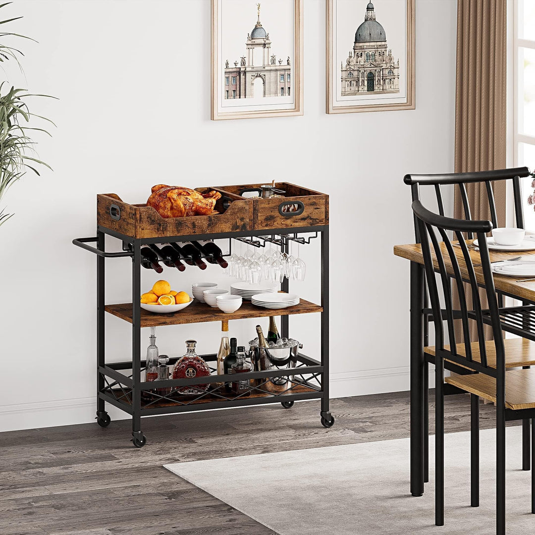 3-Tier Home Bar Cart Rustic Brown with Wheels Modern Contemporary Wood Made to - Diamond Home USA