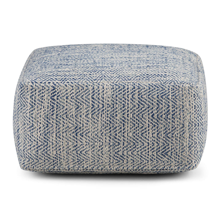 Transitional Square Pouf in Patterned Denim Melange Cotton Blue Geometric Casual