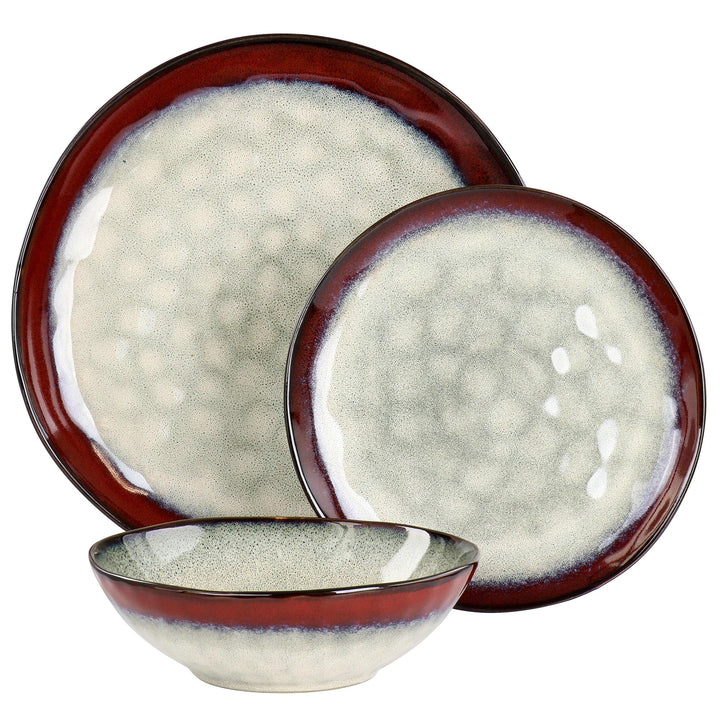 12 Piece Stoneware Dinnerware Set Red Banded Casual Round Dishwasher Safe - Diamond Home USA