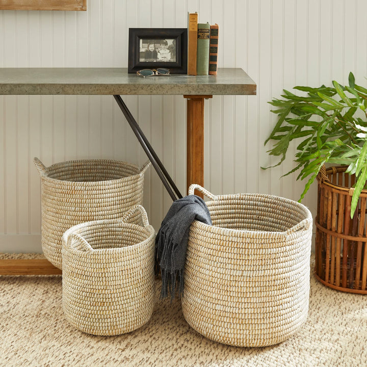 Rd Baskets W/hndles St/3 White Wicker