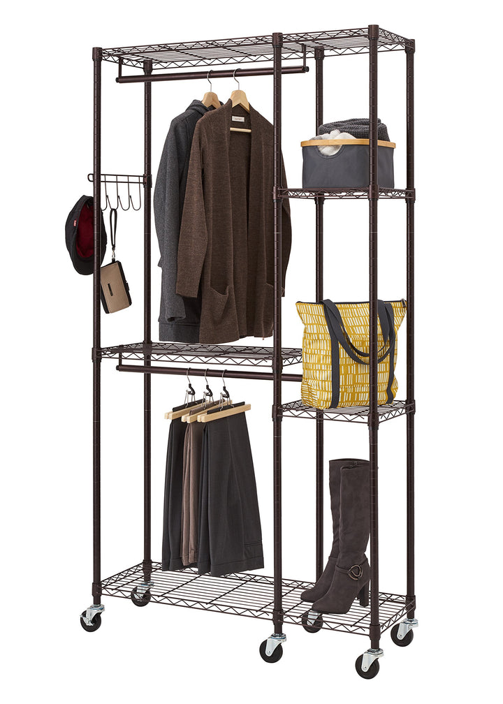 TRINITY Rolling Garment Rack With Shelves And Storage Hooks For Clothing Storage Dark Bronze