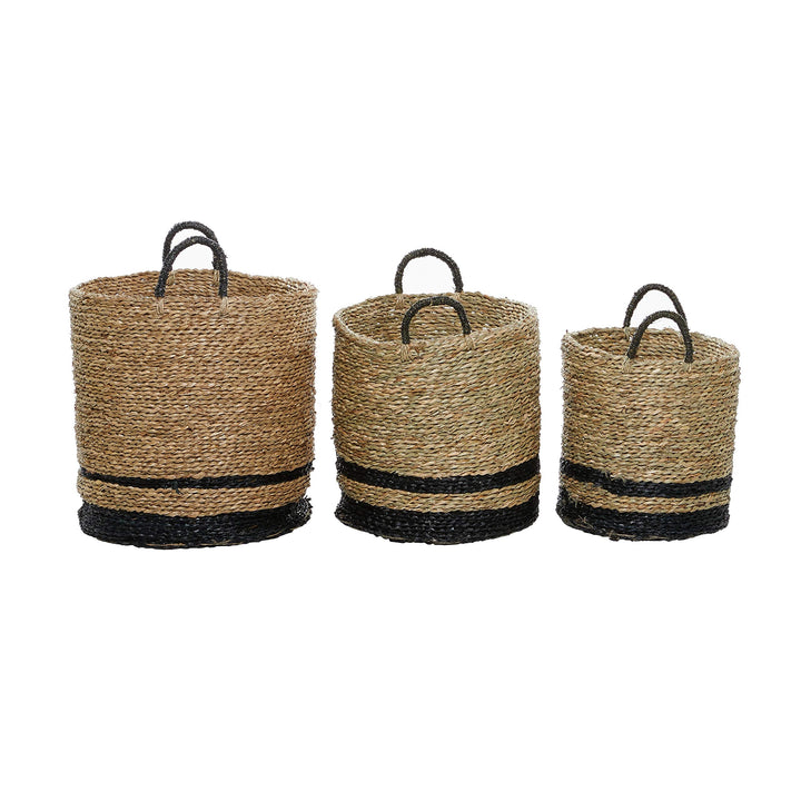 Woven Striped Round Seagrass Baskets With Handles Set Of 3 15" 17" 18" 16 X