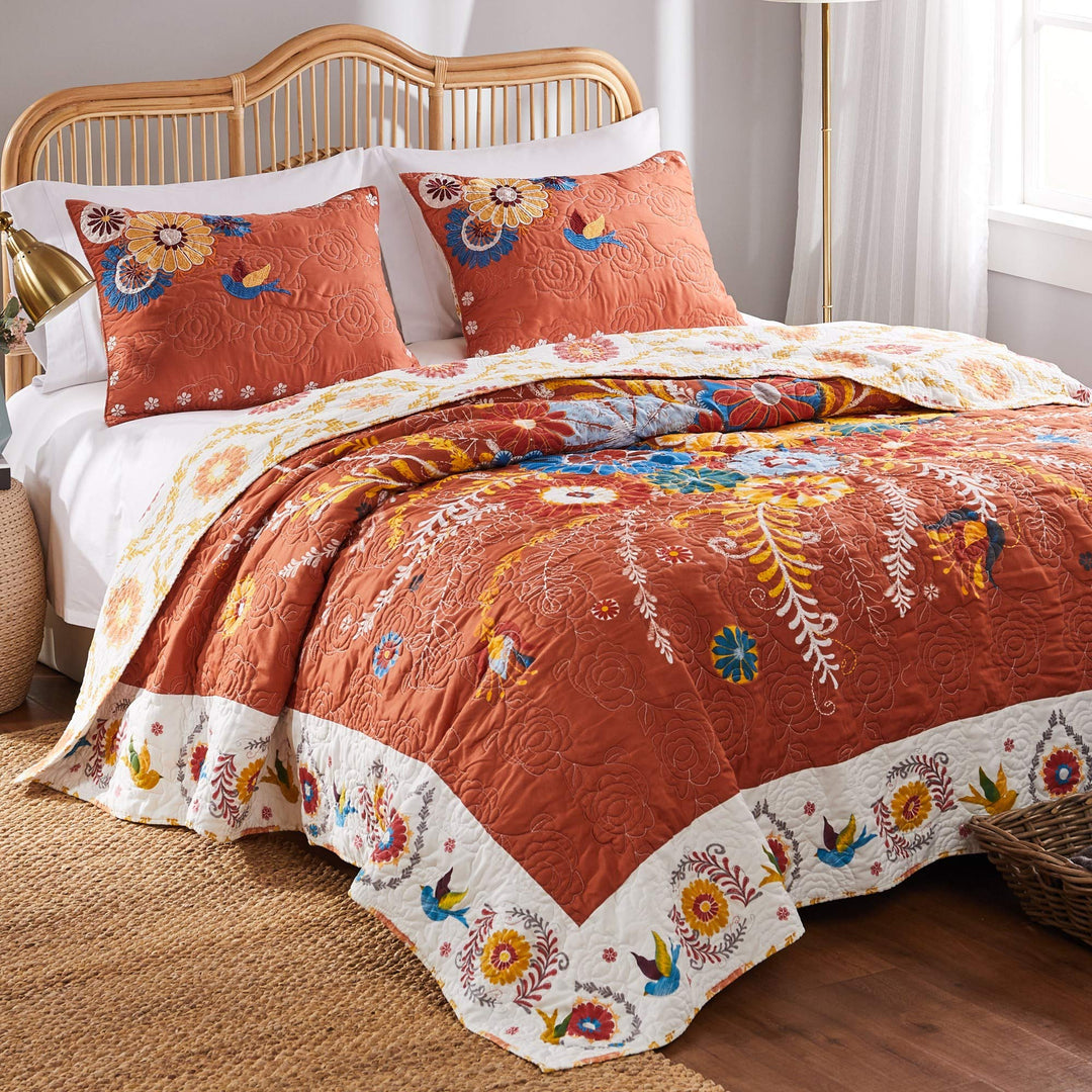 Greenland Home Topanga Orange Bohemian Floral Quilted Bedspread Set