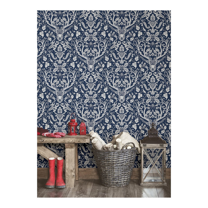 Navy Escape to The Forest Peel Stick W X 20.5in Blue Damask Wildlife Vinyl