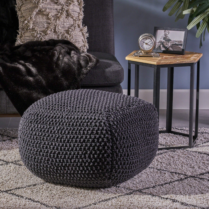 Christopher Knight Home Joyce Knitted Cotton Square Pouf Dark Grey Small