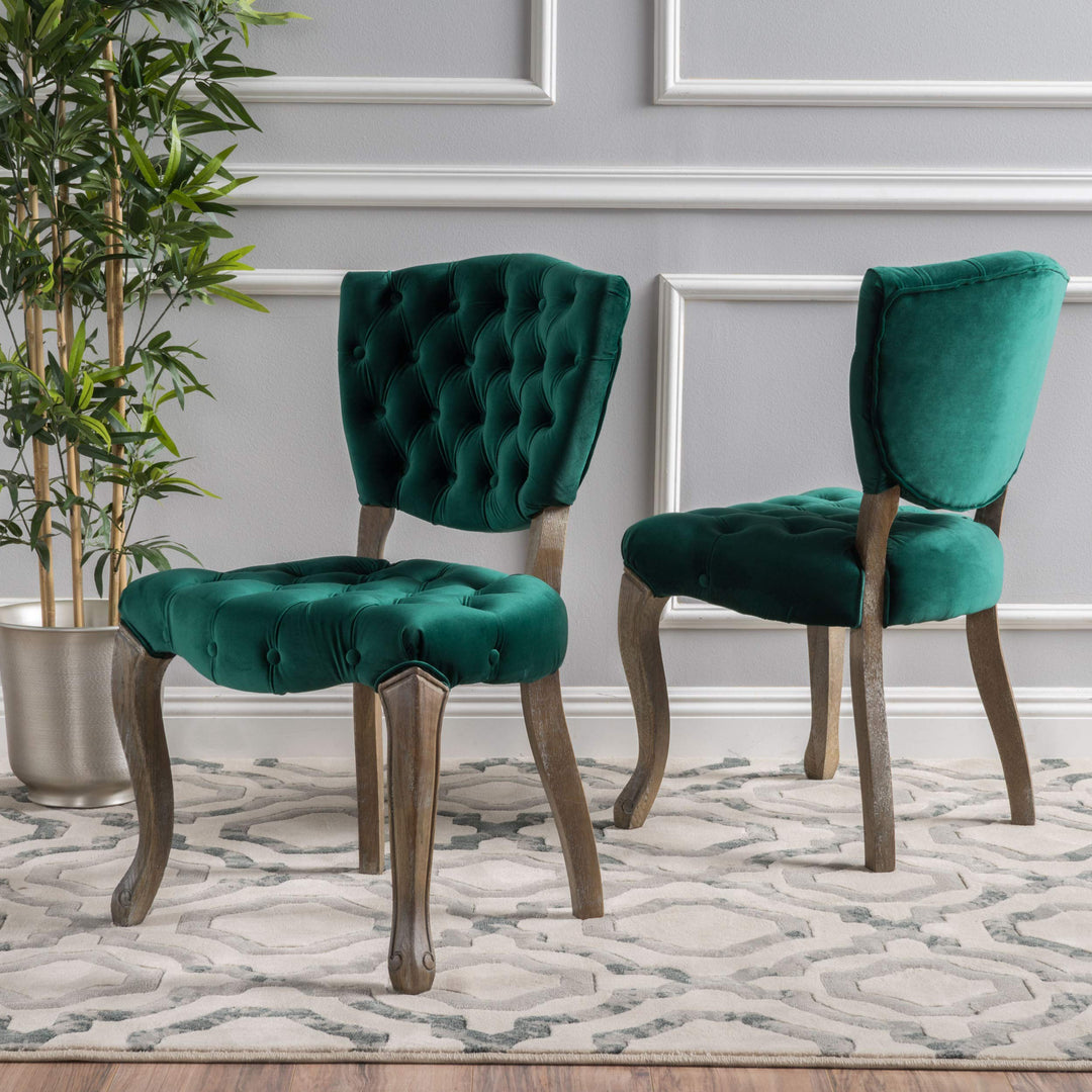 Christopher Knight Home Bates Tufted Velvet Fabric Dining Chairs 2-Pcs Set Dark Green