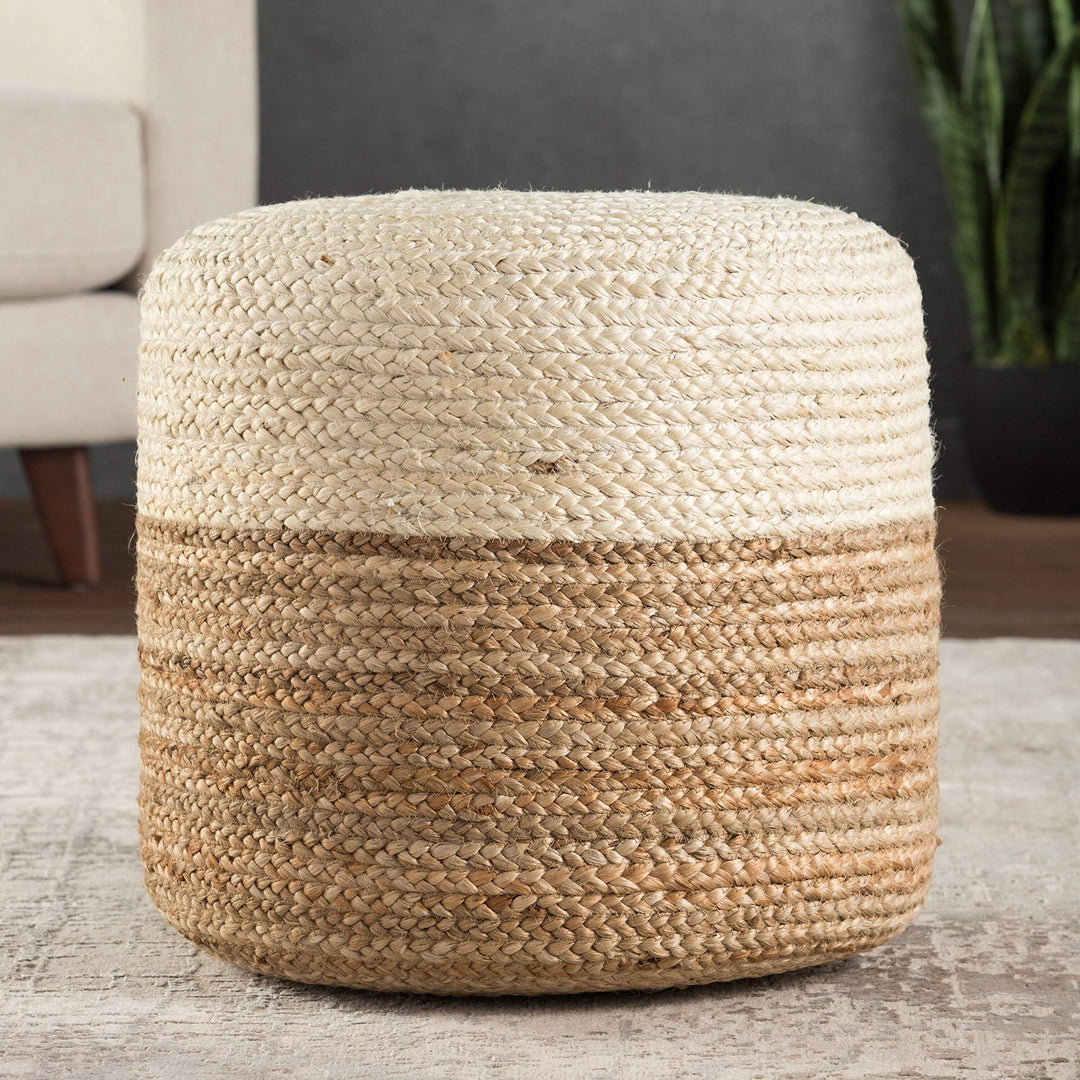 Ombre White/Beige Cylinder Pouf White Stripe Global Nautical Coastal Jute Single