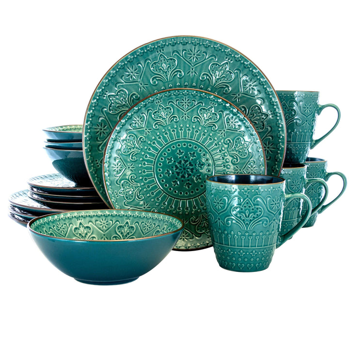 Deep Ocean Mandala 16 Pc Round Stoneware Dinnerware Set in Green Blue Textured