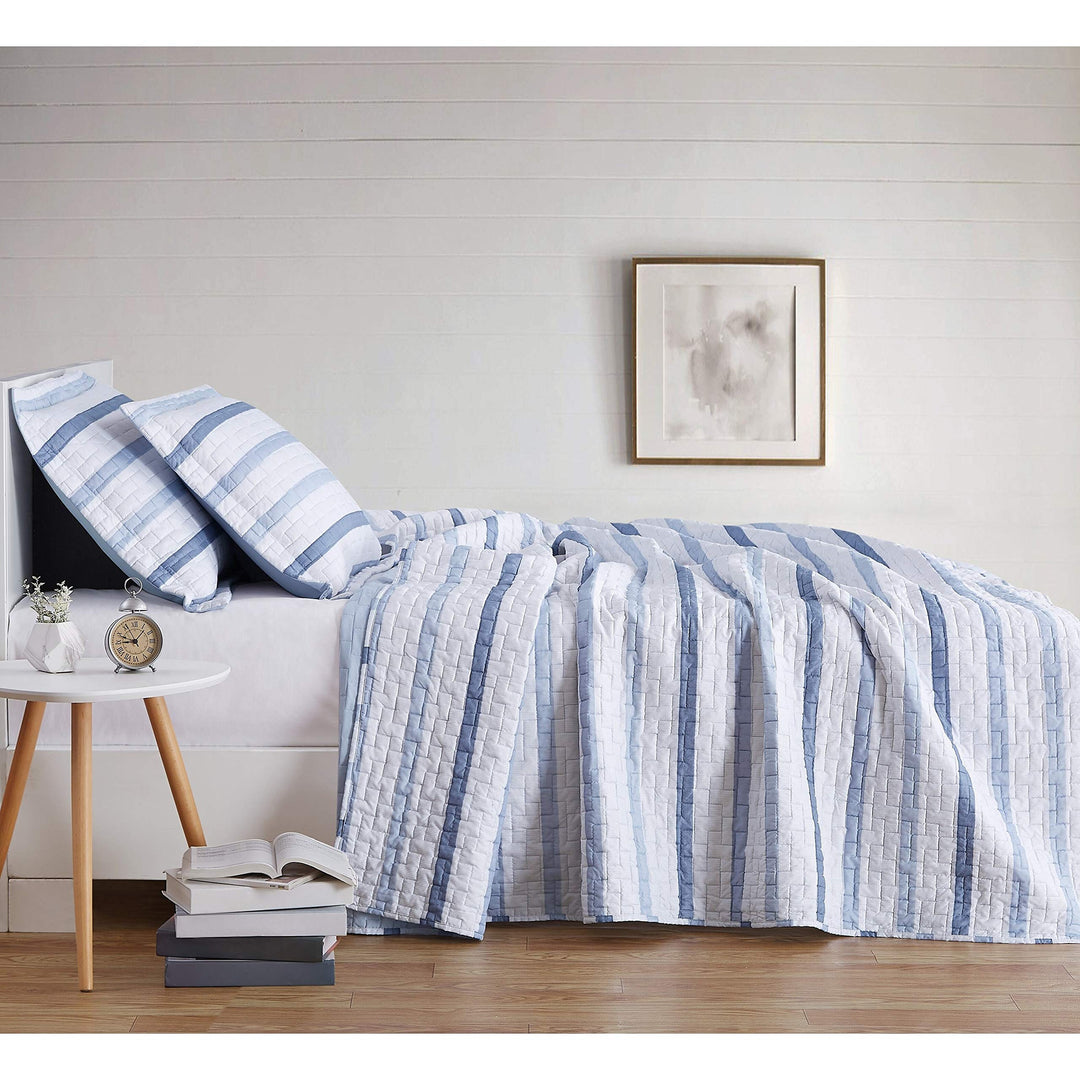 3 Piece Blue Gray White Stripe Quilt King Set Stripes Bedding Horizontal