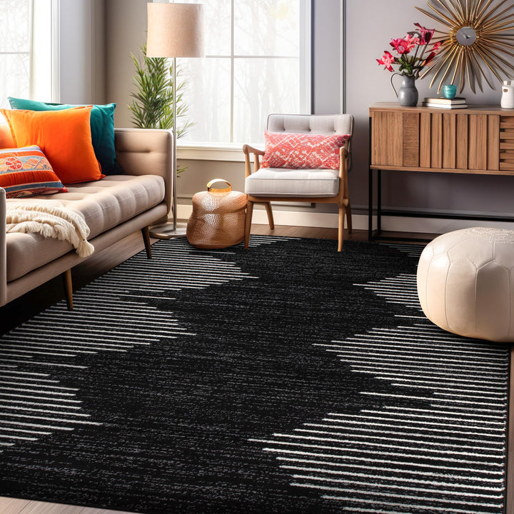 Rugshop Bohemian Stripe Stain Resistant High Traffic Living room Kitchen Bedroom 5'x7' - Black