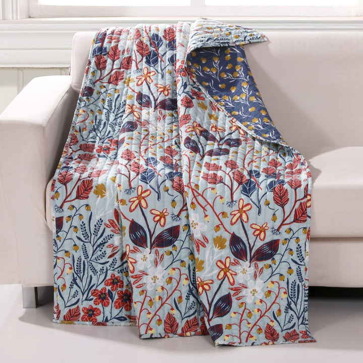 Reversible Quilted Throw Blanket Blue Orange Yellow Nature Country French Cotton