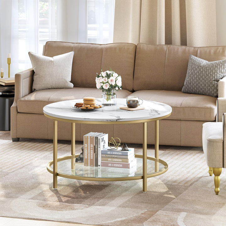 White Marble Pattern Round Coffee Table with Glass 2-Tier Circle Gold Frame White/Gold