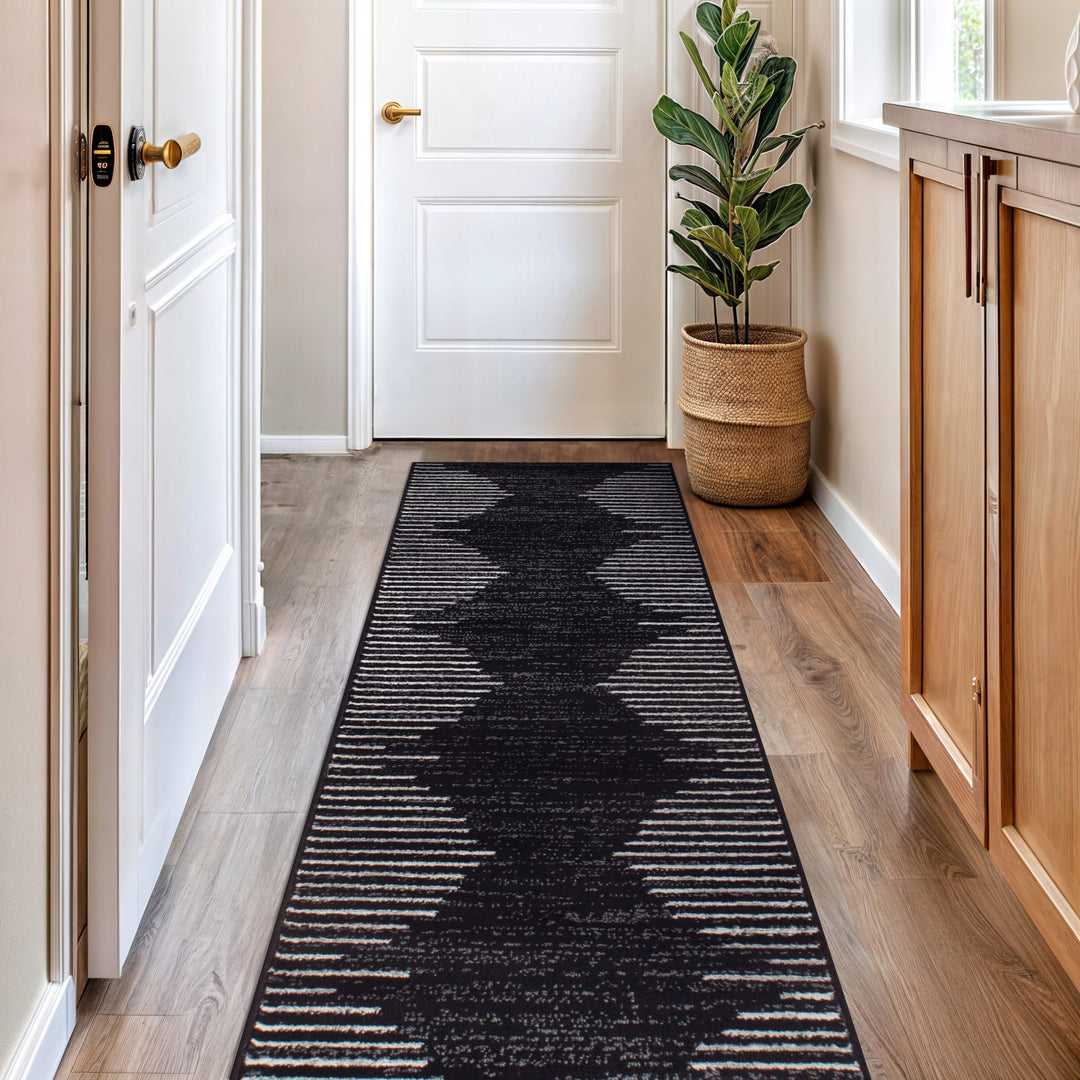 Rugshop Bohemian Stripe Stain Resistant High Traffic Living Room Kitchen Bedroom 2'7"x8' Runner - Black