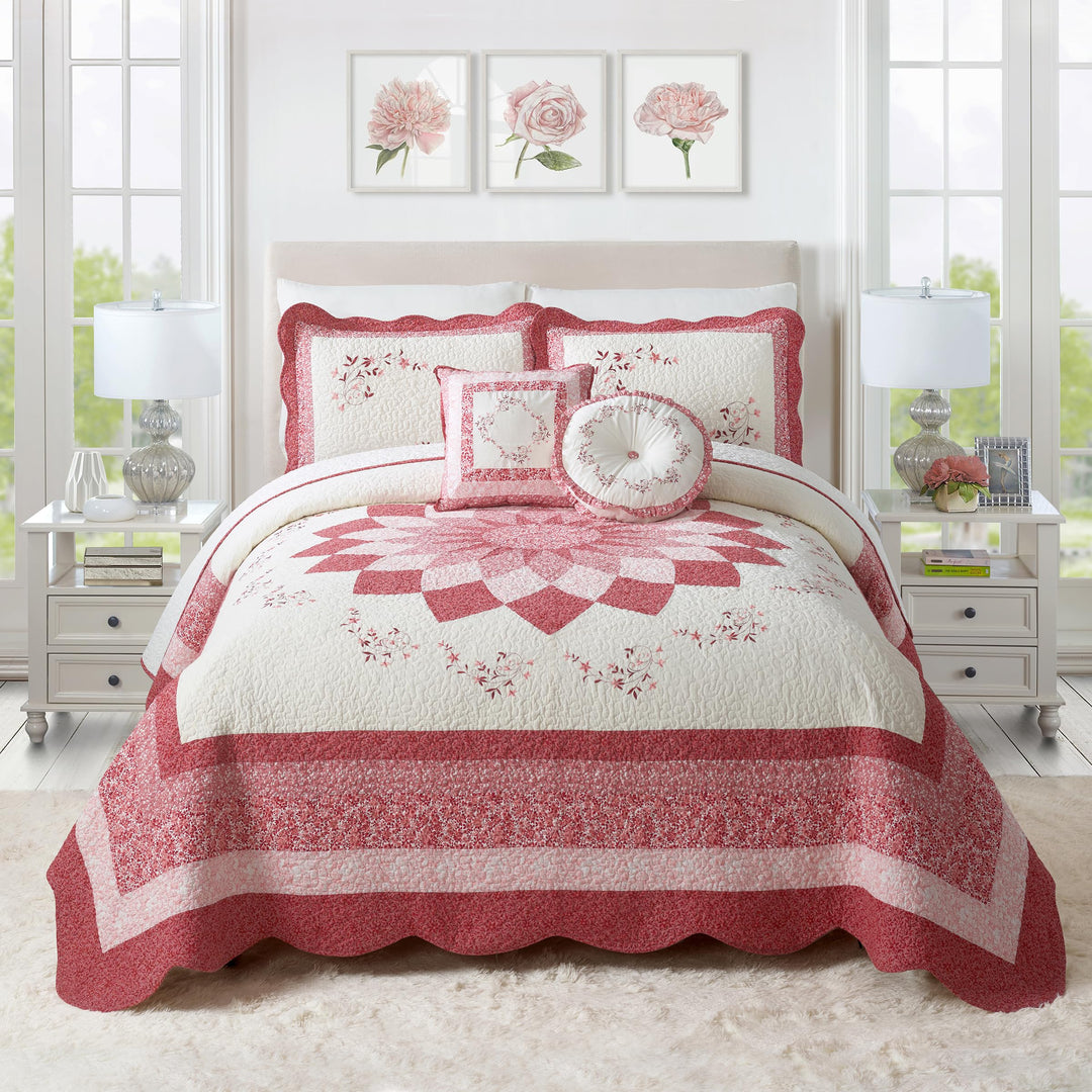 MODERN HEIRLOOM Caroline Embroidered Quilted Bedspread - Lightweight Red - Queen