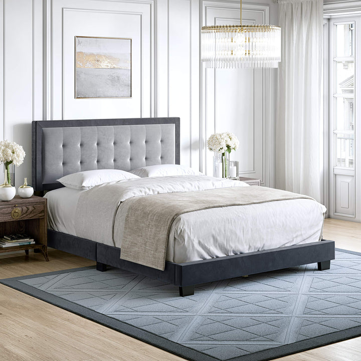 Boyd Sleep Pisa Upholstered Button Tufted Platform Bed Frame Mattress Foundation Grey - Queen