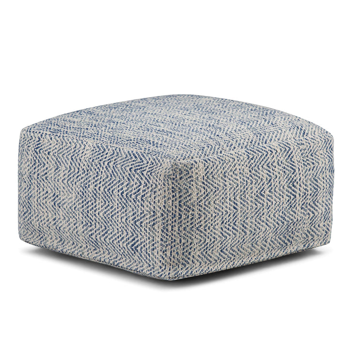 Transitional Square Pouf in Patterned Denim Melange Cotton Blue Geometric Casual