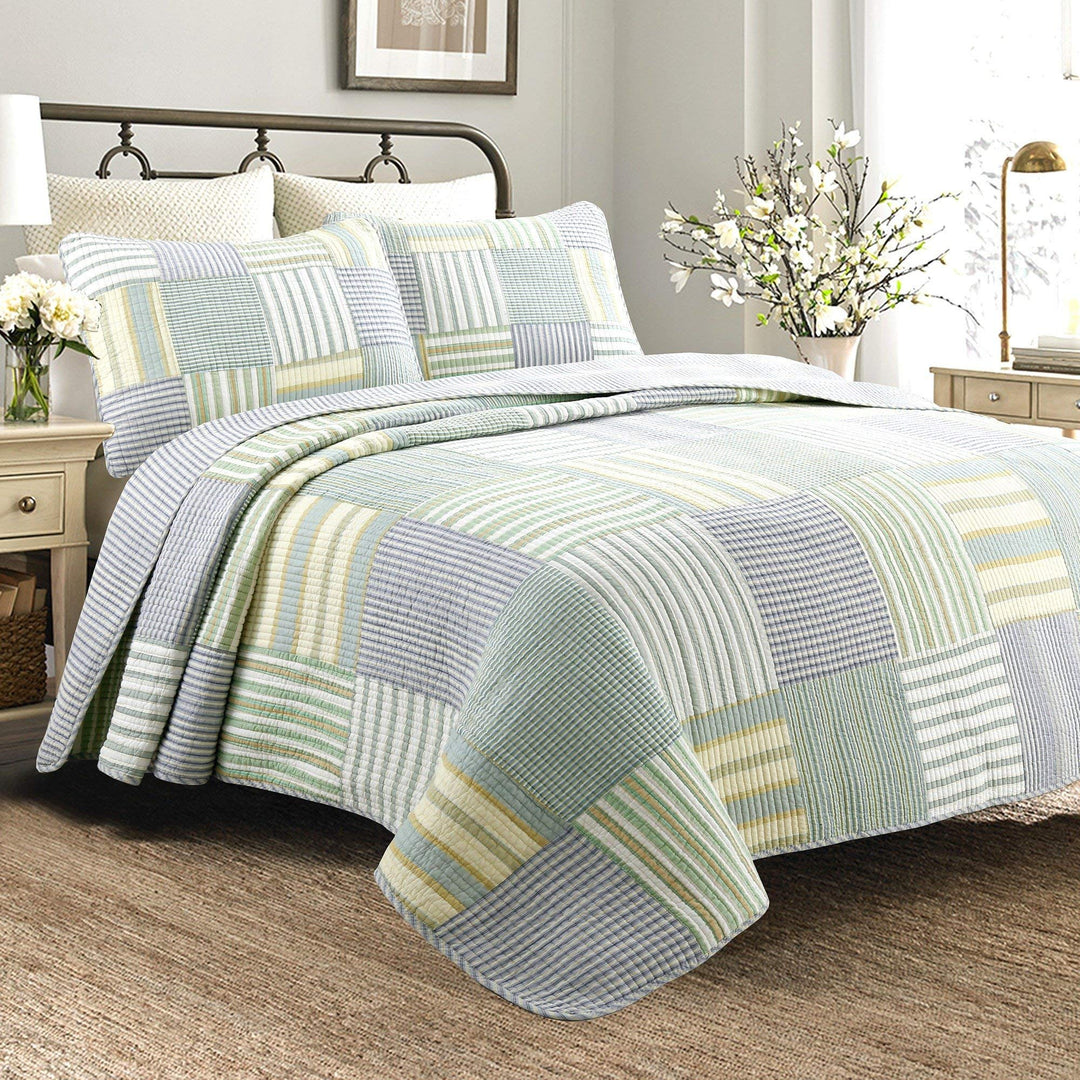 2 Piece Green Blue Patchwork Themed Twin Quilt Set Striped Pattern Bedding