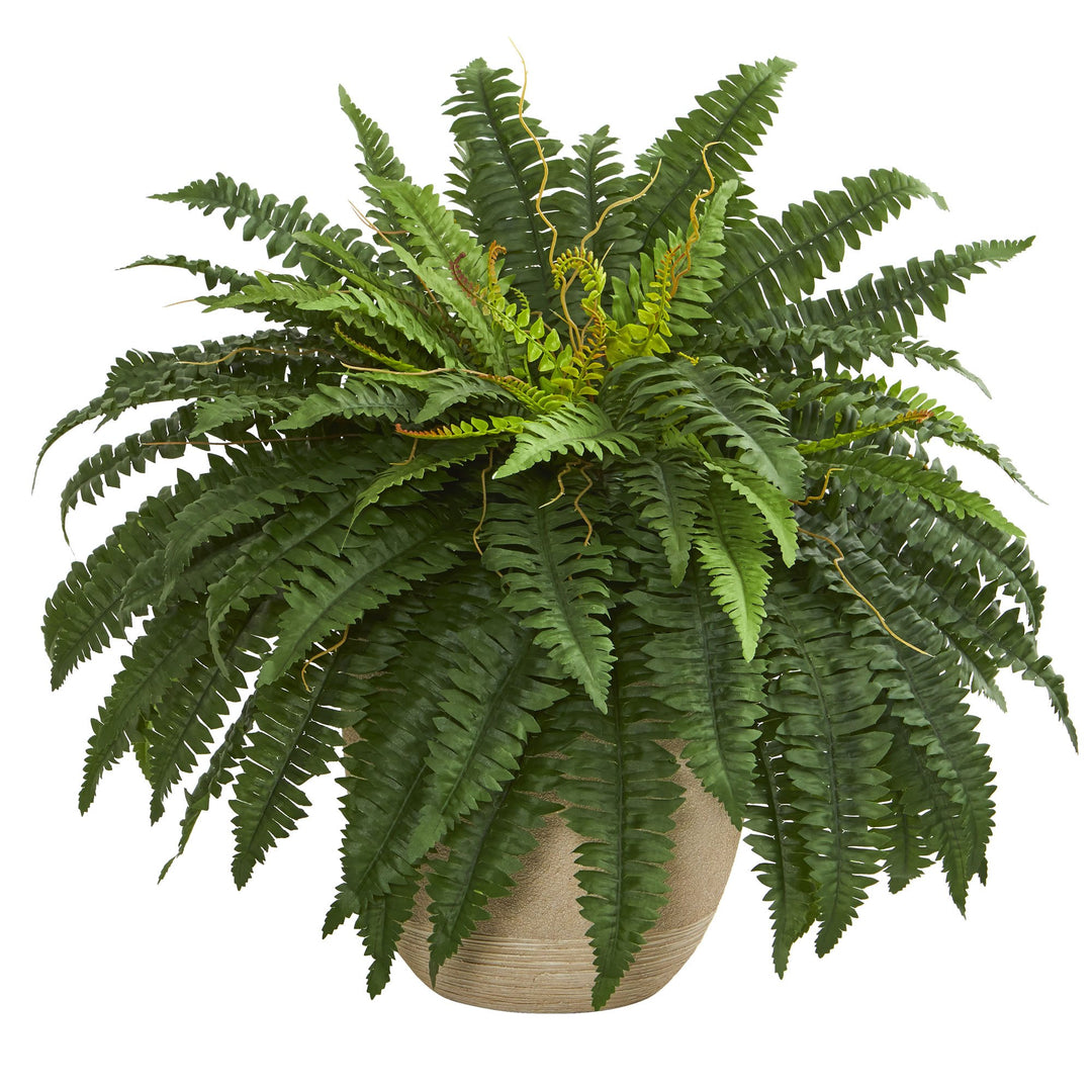 Nearly Natural 22" Boston Fern Artificial Plant In Sandstone Planter Green