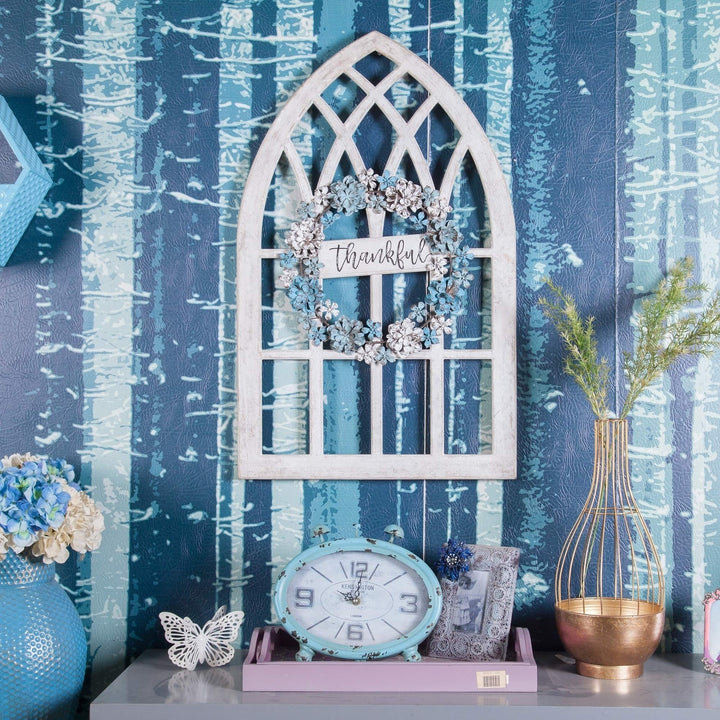 Metal and Wood Thankful Cathedral Window Wall Decor Blue White Shabby Chic