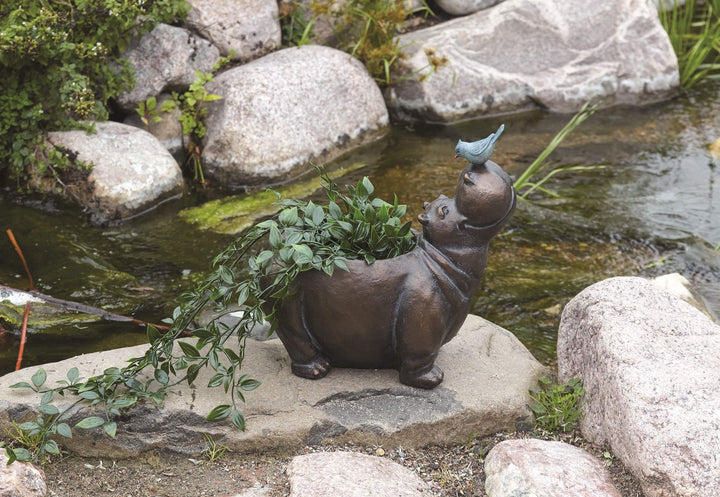 Roman - Hippo with Bird Planter 13" H Garden Collection Resin and Stone