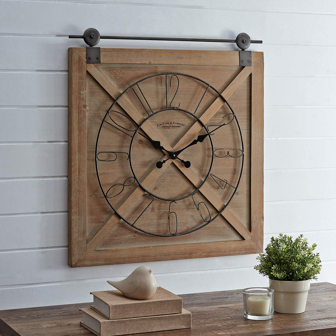 FirsTime & Co. Brown Farmstead Barn Door Wall Clock for Home Office Kitchen