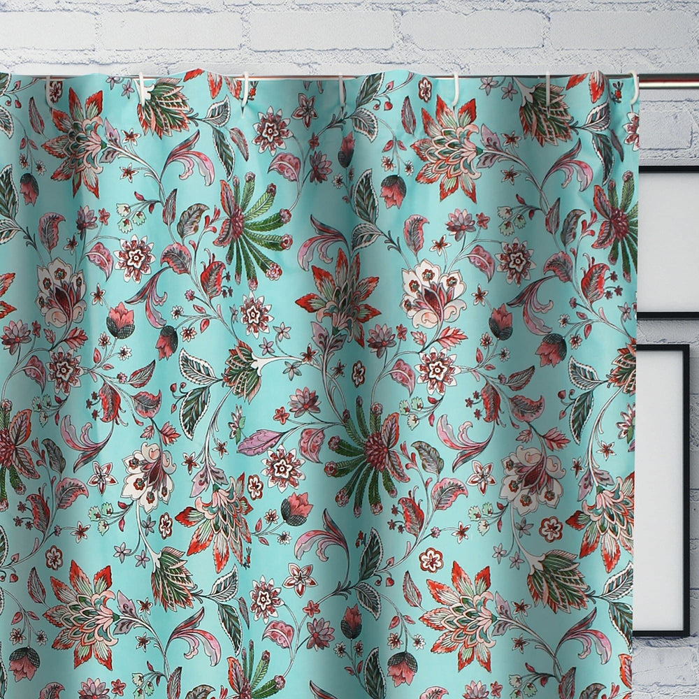 Bath Shower Curtain Blue Green Pink Border Botanical Floral Bohemian Eclectic - Diamond Home USA