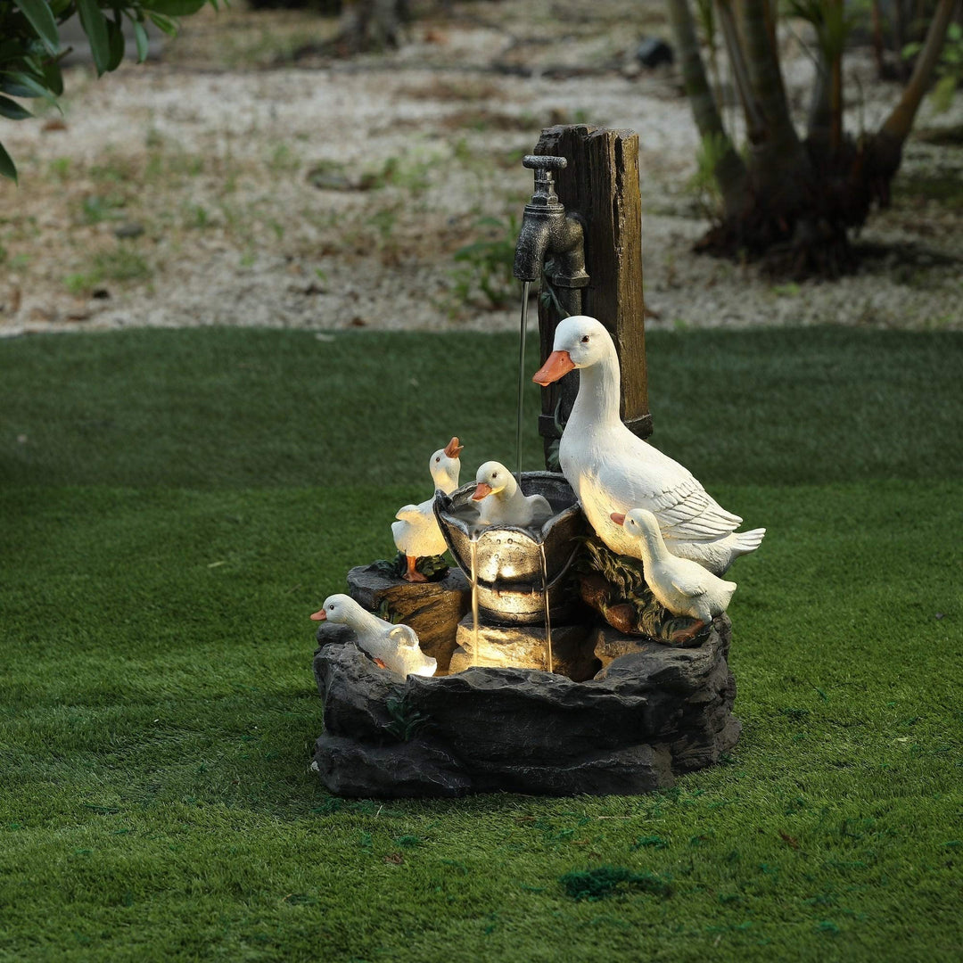 Resin Duck Family Outdoor Patio Fountain Multi Color Farmhouse Polyresin