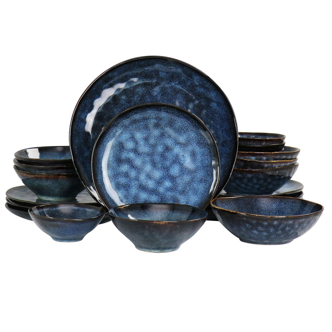 20 Piece Round Stoneware Triple Bowl Dinnerware Set in Blue Textured Casual