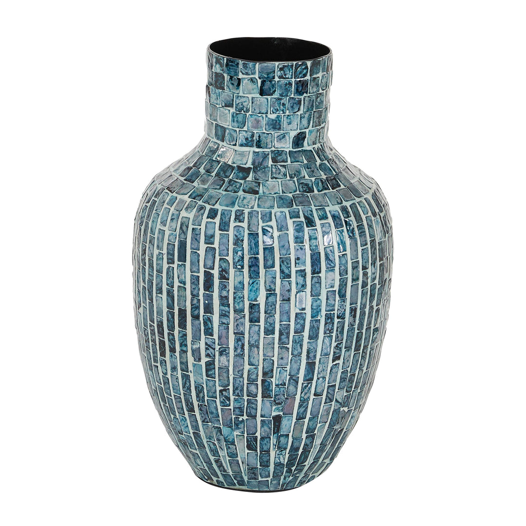 Blue Mosaic Shell Patterned Vase 9.25" X 15.5" 9 X 16 Wood