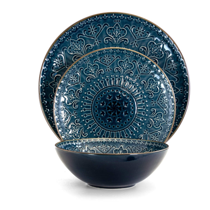 Deep Ocean Mandala 16 Piece Round Stoneware Dinnerware Set Blue Textured