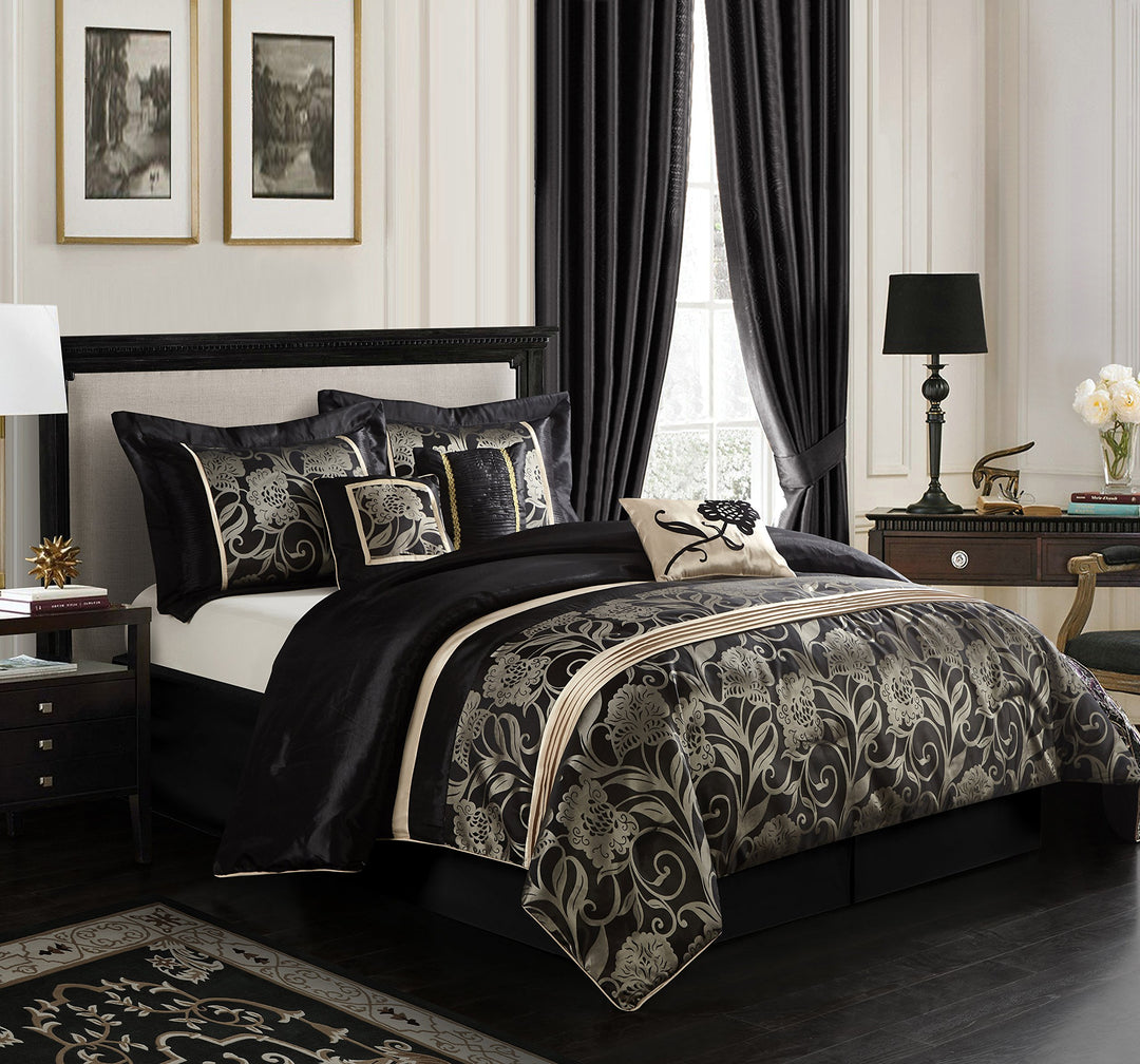 Nanshing Mollybee Collection Bedroom Comforter Set Complete 7 Piece Set Black California King