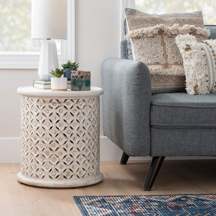 White Boho Round Side Table Bohemian Eclectic Farmhouse Wood Stained