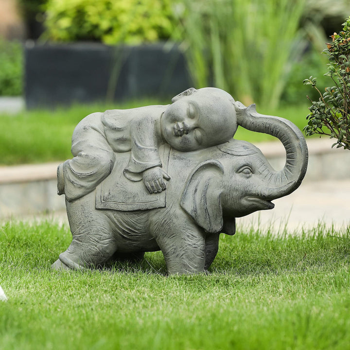 Gray Mgo Monk and Elephant Garden Statue Grey Oriental Magnesium Oxide Weathered