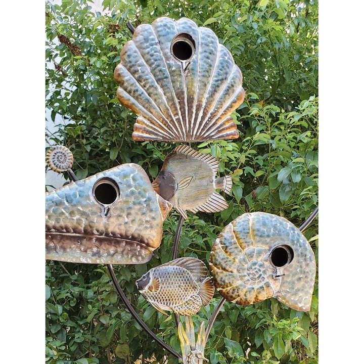 Coastal Style Birdhouse Stake - Seashells Grey Iron