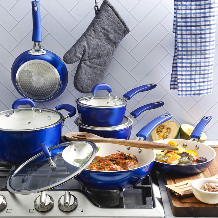 Ceramic Coated Nonstick Cookware Set- Blue 12 Piece Induction Safe